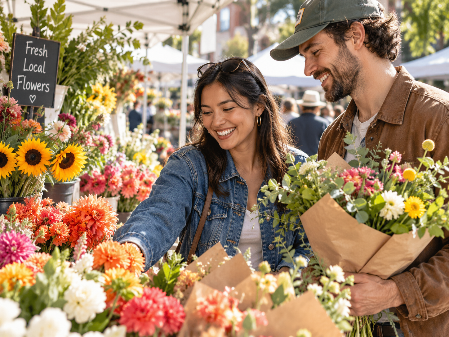 Guests choosing flowers at a market