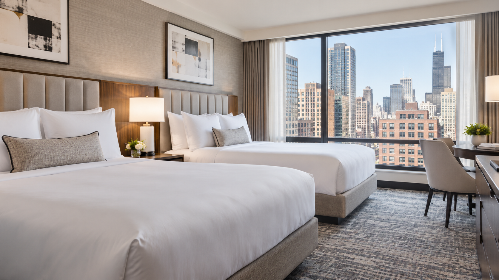 City hotel room with two queen beds